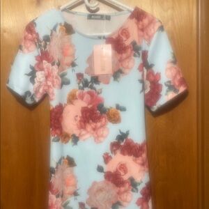 Misguided Blue with Pink Size 12 Floral Sheath Mini Dress Short Sleeve NWT